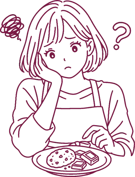 お菓子を前に、ほおに手を当てて悩む女性の線画イラスト